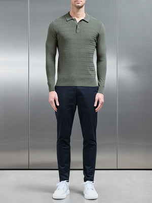 Cotton Knitted Long Sleeve Textured Polo Shirt in Sage