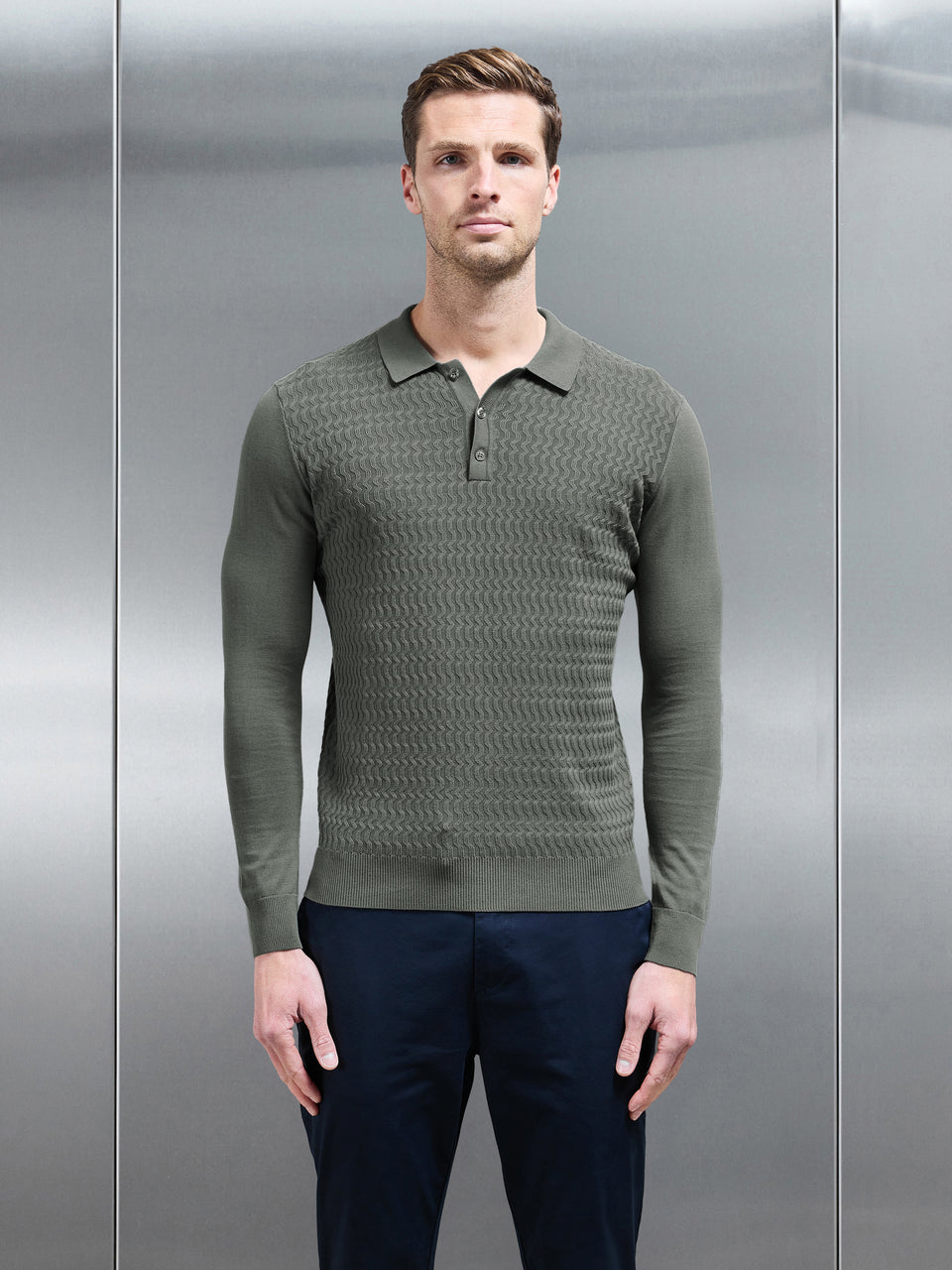 Cotton Knitted Long Sleeve Textured Polo Shirt in Sage
