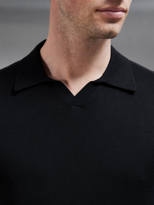 Cotton Knitted Revere Collar Polo Shirt in Black