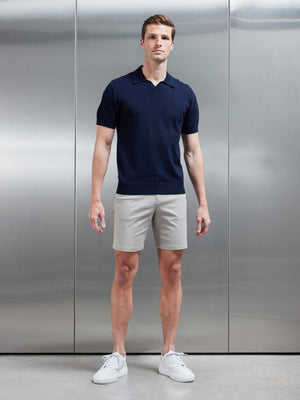 Cotton Knitted Revere Collar Polo Shirt in Navy