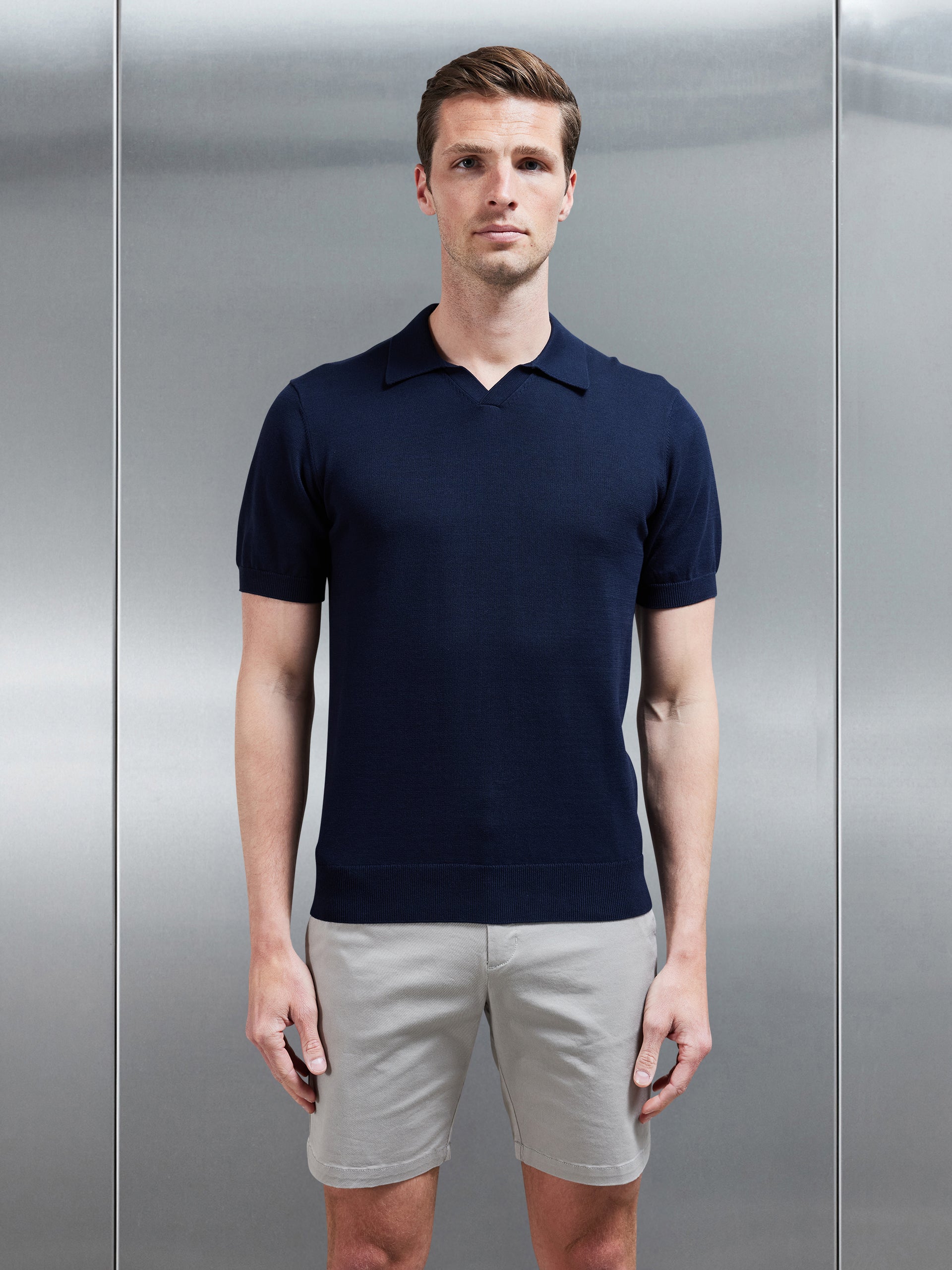 Cotton Knitted Revere Collar Polo Shirt in Navy