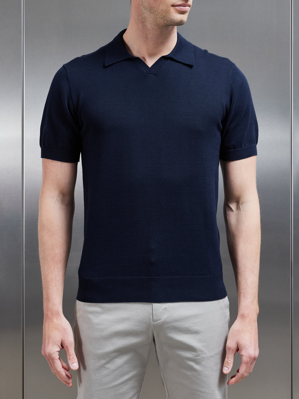 Cotton Knitted Revere Collar Polo Shirt in Navy