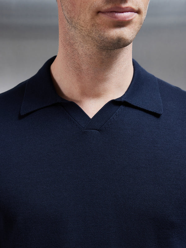 Cotton Knitted Revere Collar Polo Shirt in Navy