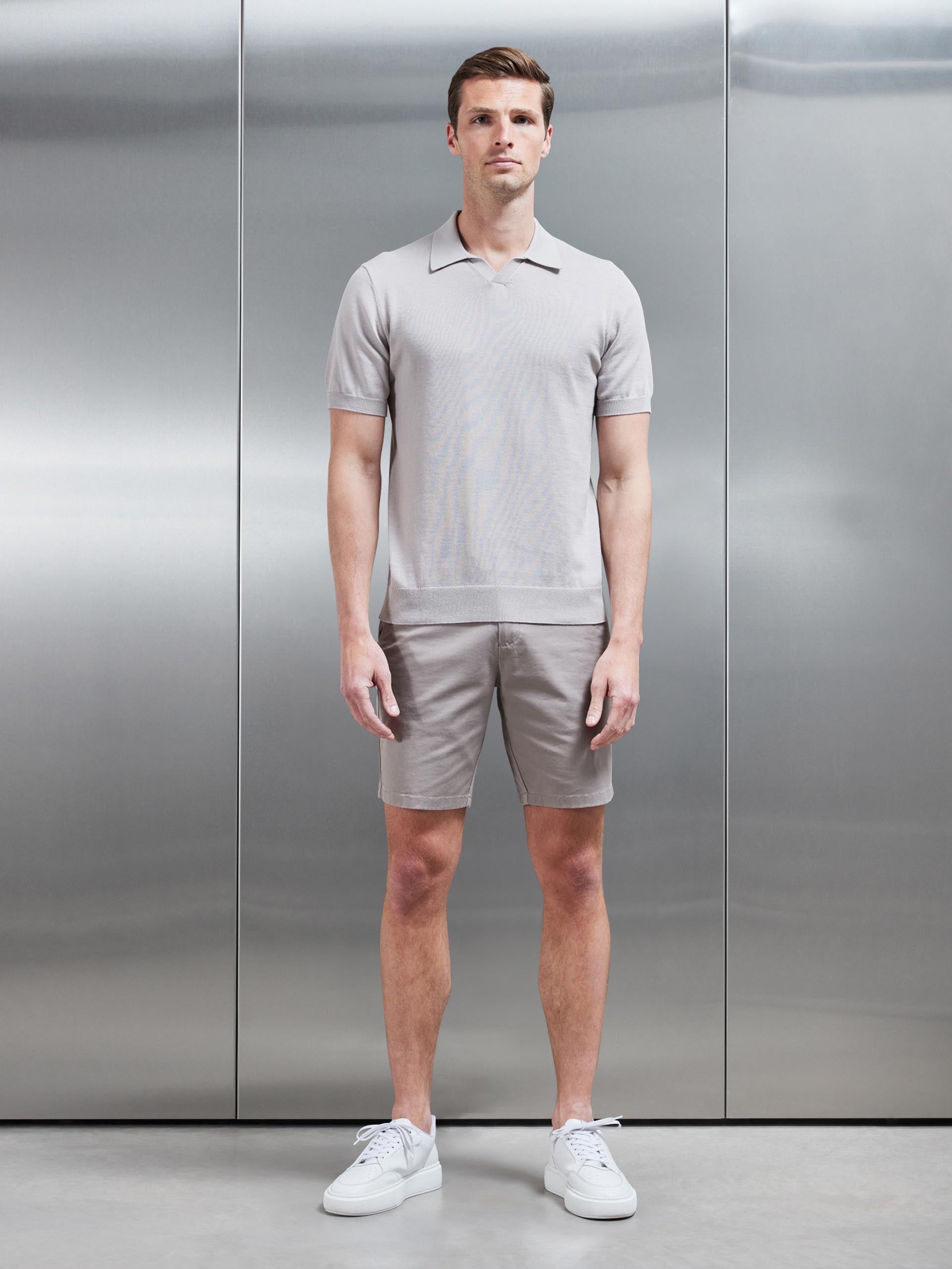 Cotton Knitted Revere Collar Polo Shirt in Stone