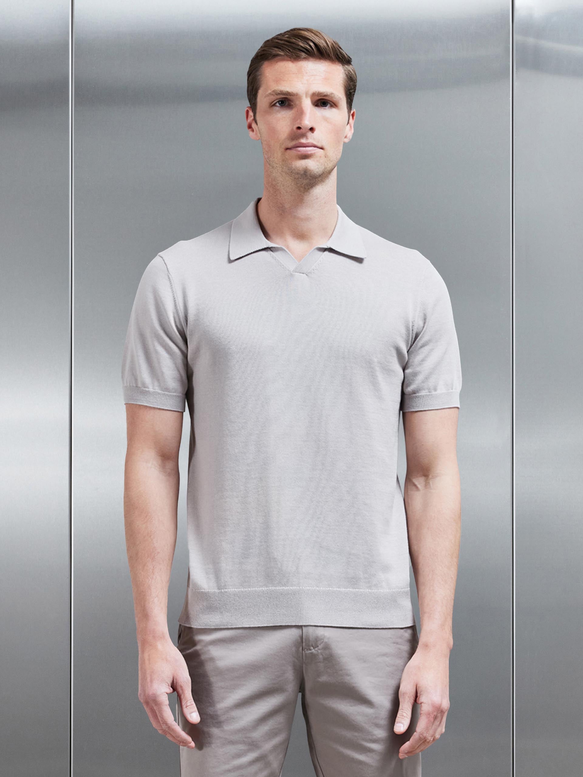Cotton Knitted Revere Collar Polo Shirt in Stone