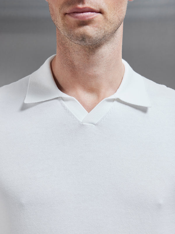 Cotton Knitted Revere Collar Polo Shirt in White