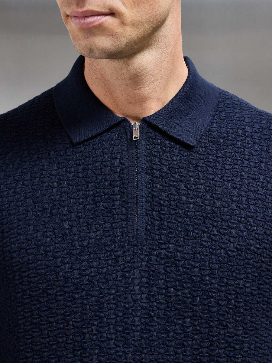 Cotton Textured Knitted Zip Polo Shirt in Navy