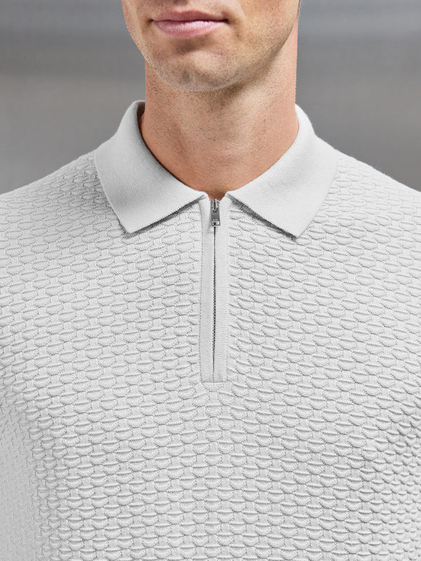 Cotton Textured Knitted Zip Polo Shirt in Mid Grey