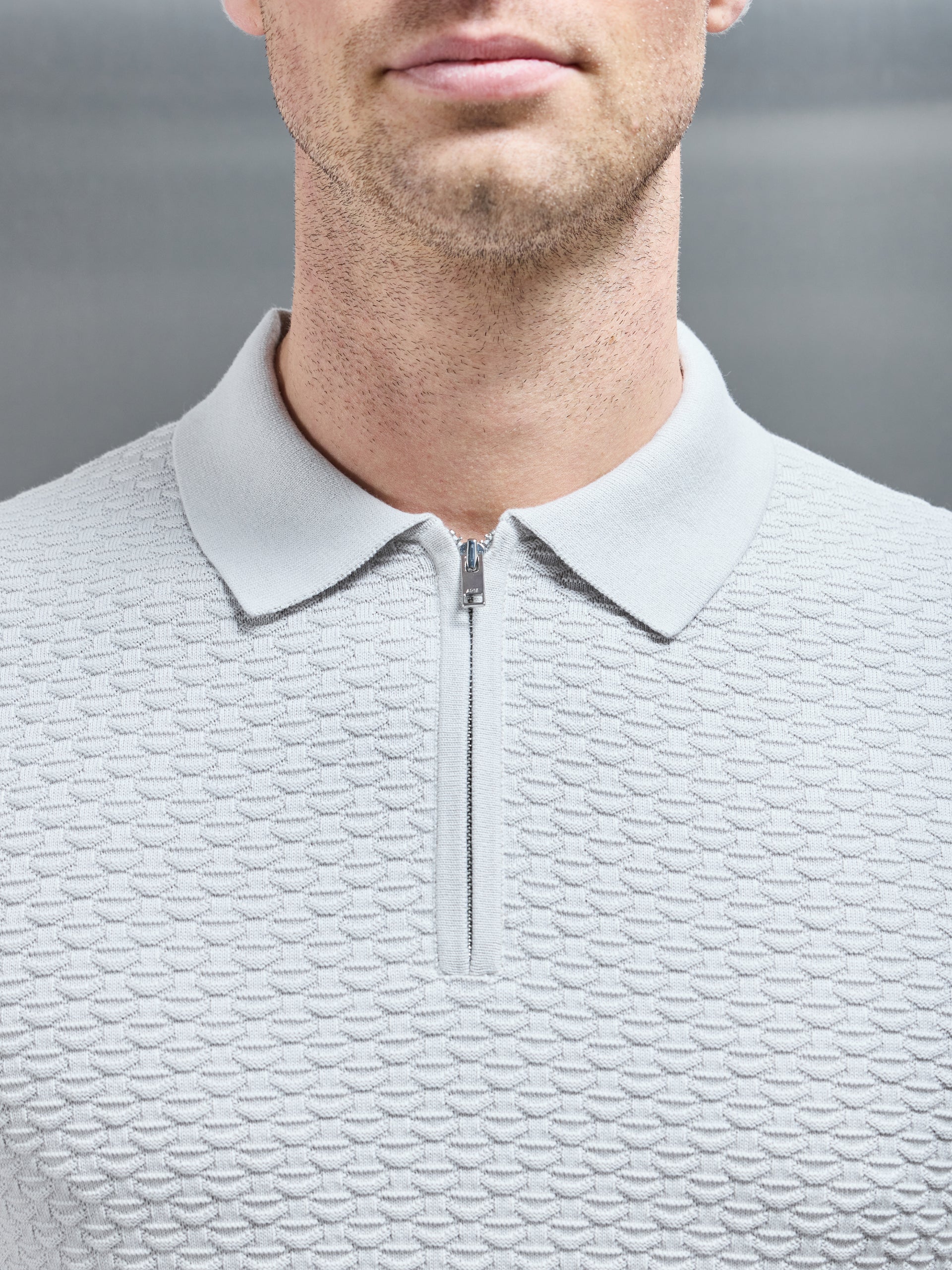 Cotton Knitted Textured Zip Polo Shirt in Mid Grey