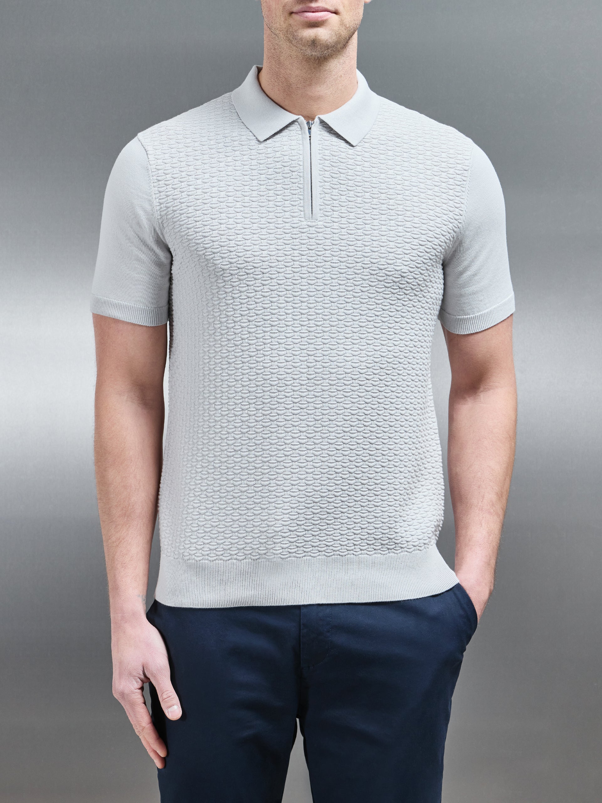 Cotton Knitted Textured Zip Polo Shirt in Mid Grey