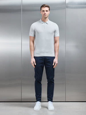 Cotton Knitted Textured Zip Polo Shirt in Mid Grey