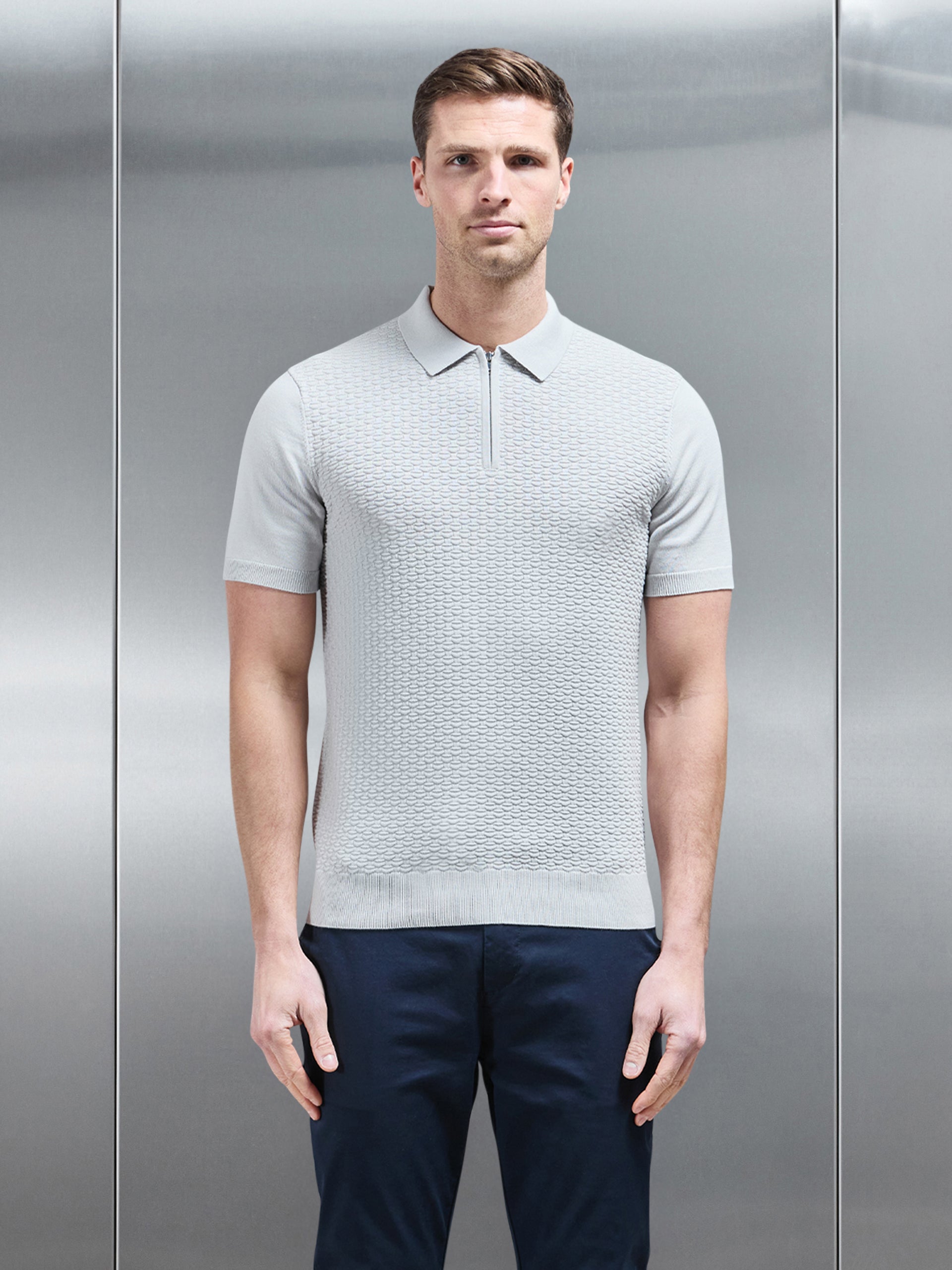 Cotton Knitted Textured Zip Polo Shirt in Mid Grey