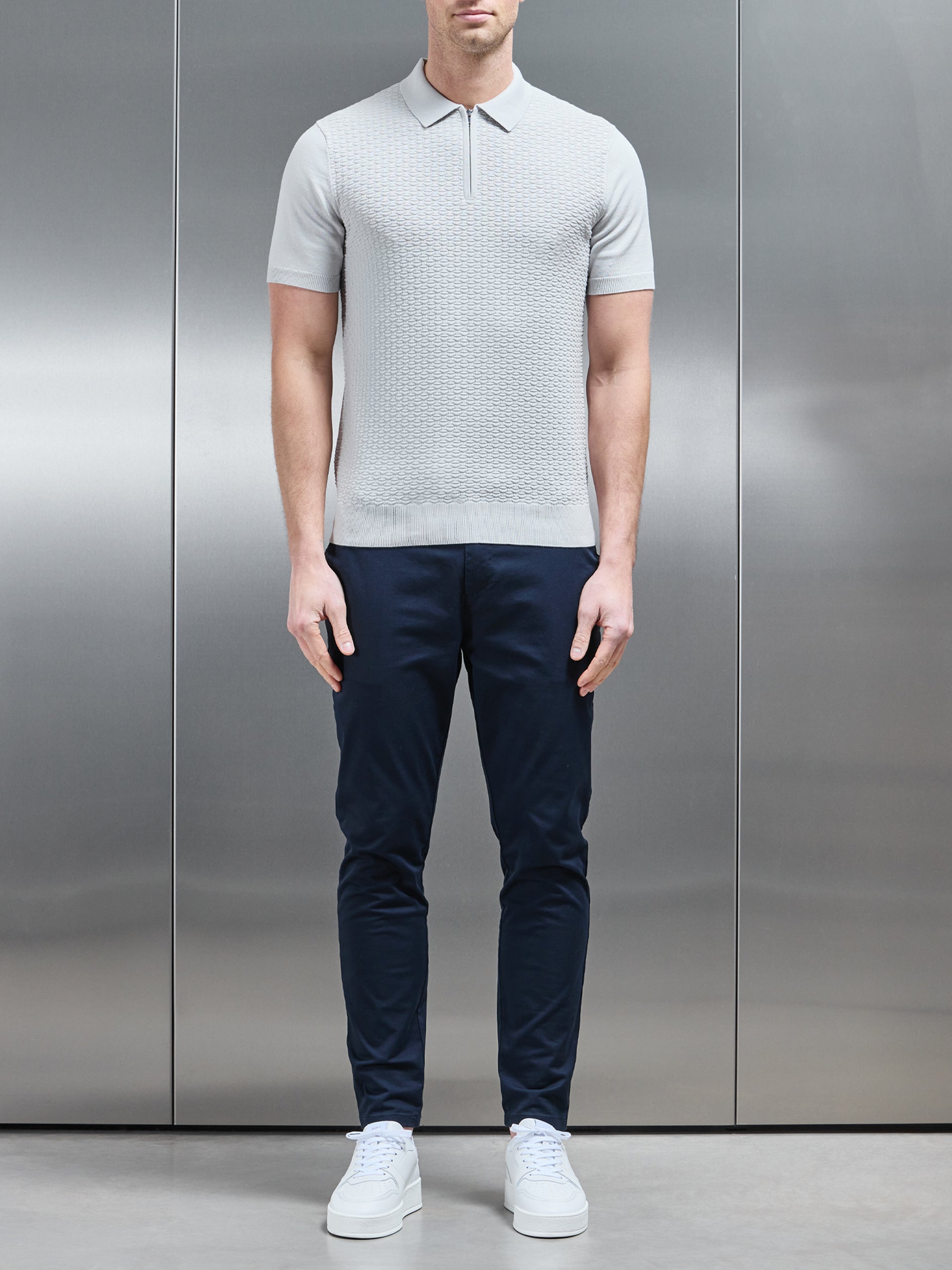 Cotton Knitted Textured Zip Polo Shirt in Mid Grey