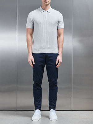 Cotton Knitted Textured Zip Polo Shirt in Mid Grey
