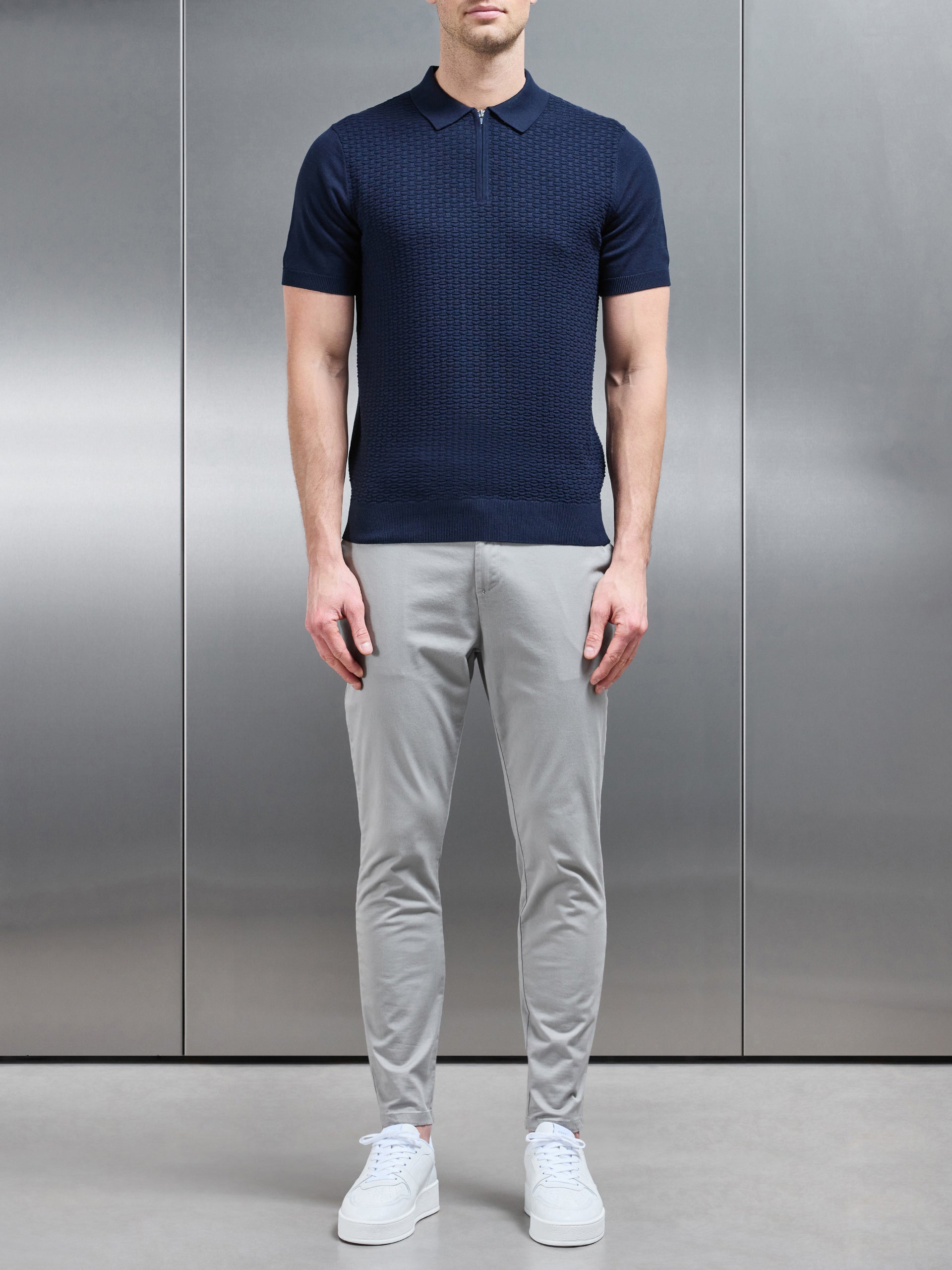 Cotton Knitted Textured Zip Polo Shirt in Navy