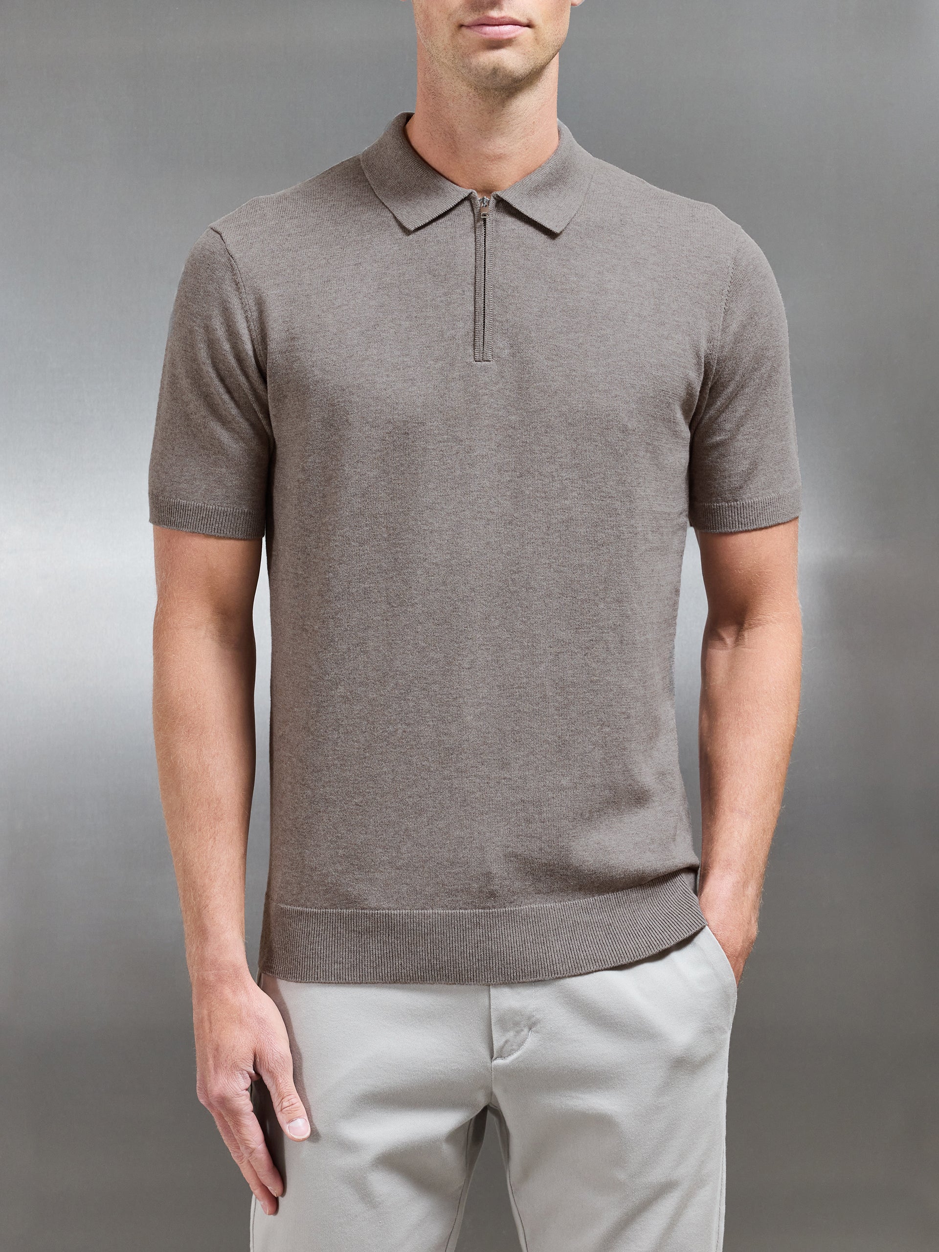 Cotton Knitted Zip Polo Shirt in Taupe