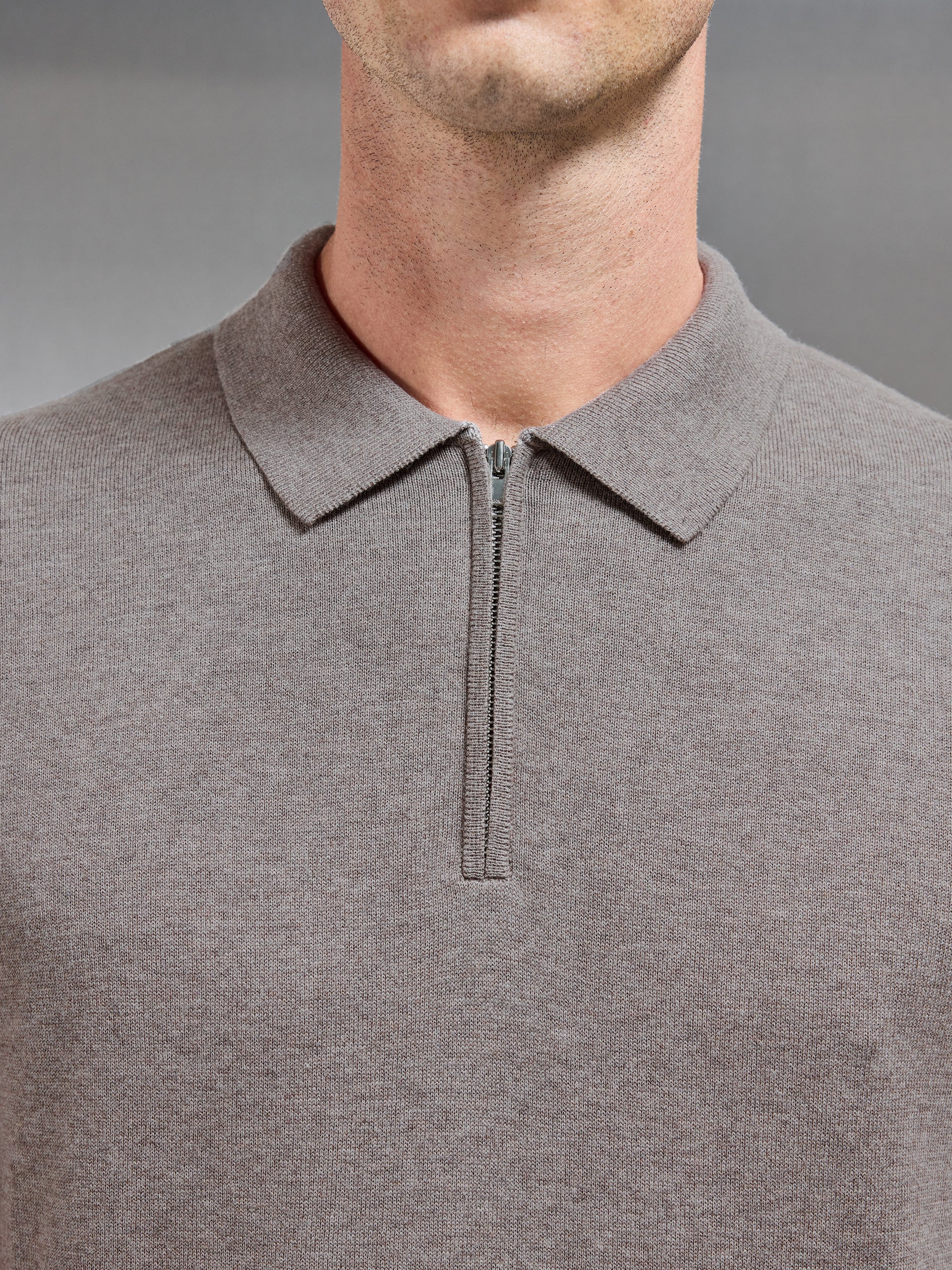 Cotton Knitted Zip Polo Shirt in Taupe