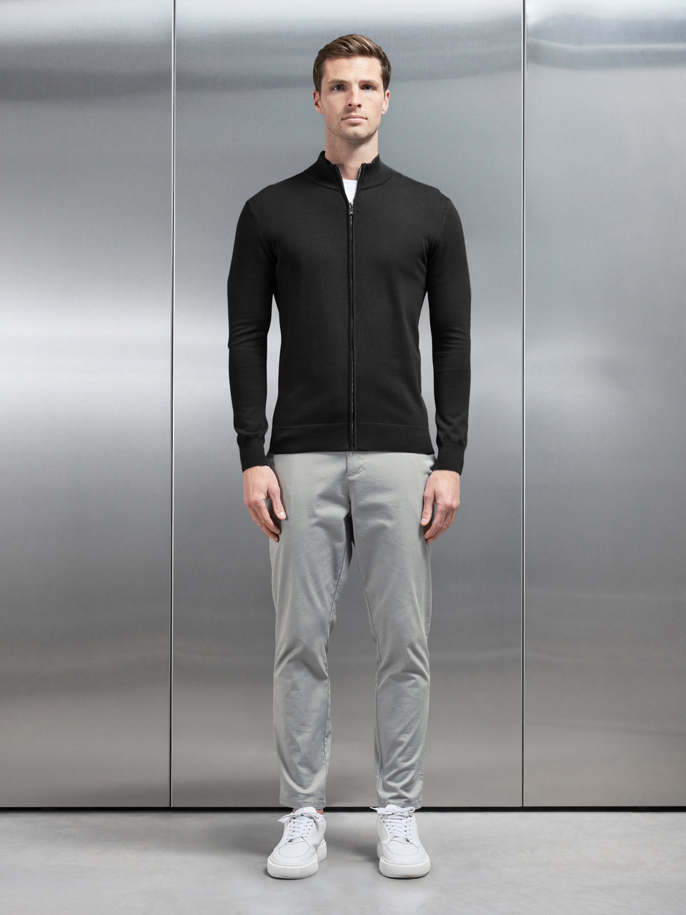 Cotton Knitted Zip Through Jacket in Black
