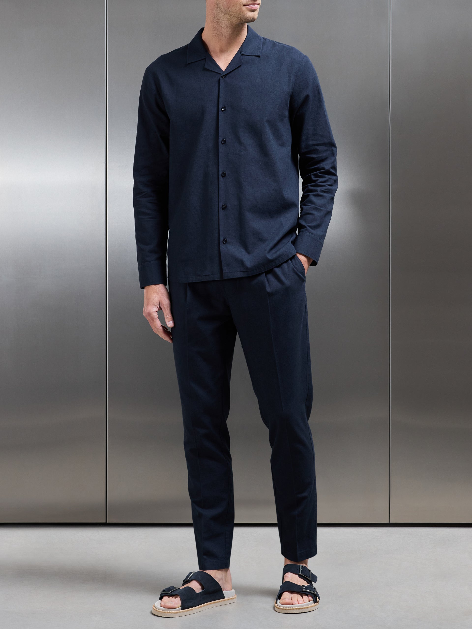 Cotton Linen Revere Collar Long Sleeve Shirt in Navy
