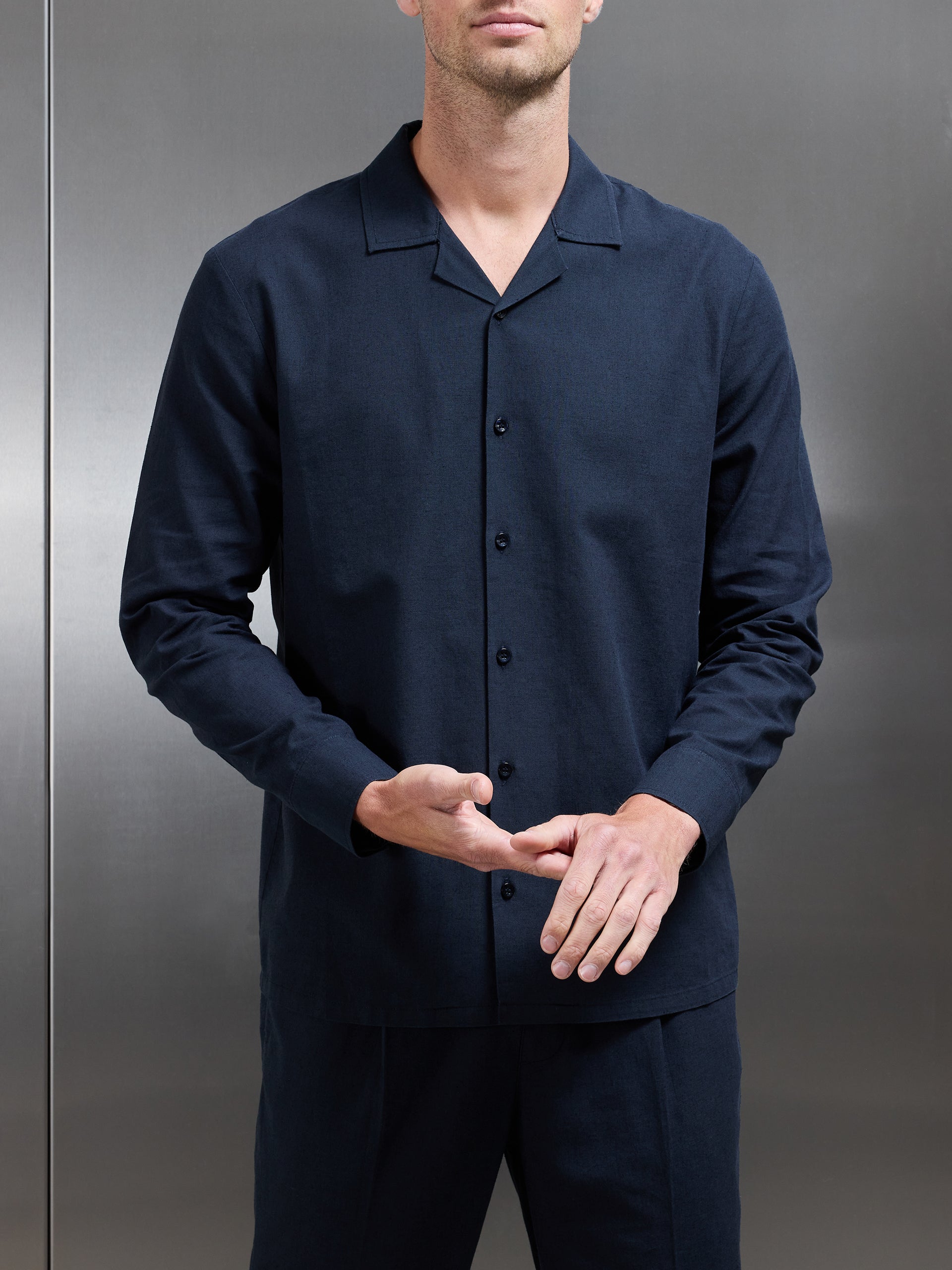 Cotton Linen Revere Collar Long Sleeve Shirt in Navy