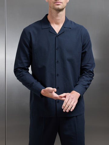 Cotton Linen Revere Collar Long Sleeve Shirt in Navy