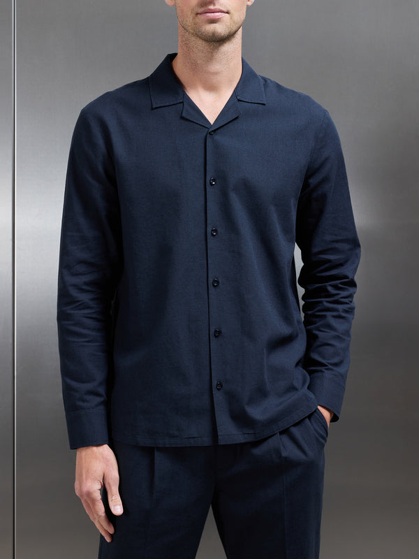 Cotton Linen Revere Collar Long Sleeve Shirt in Navy