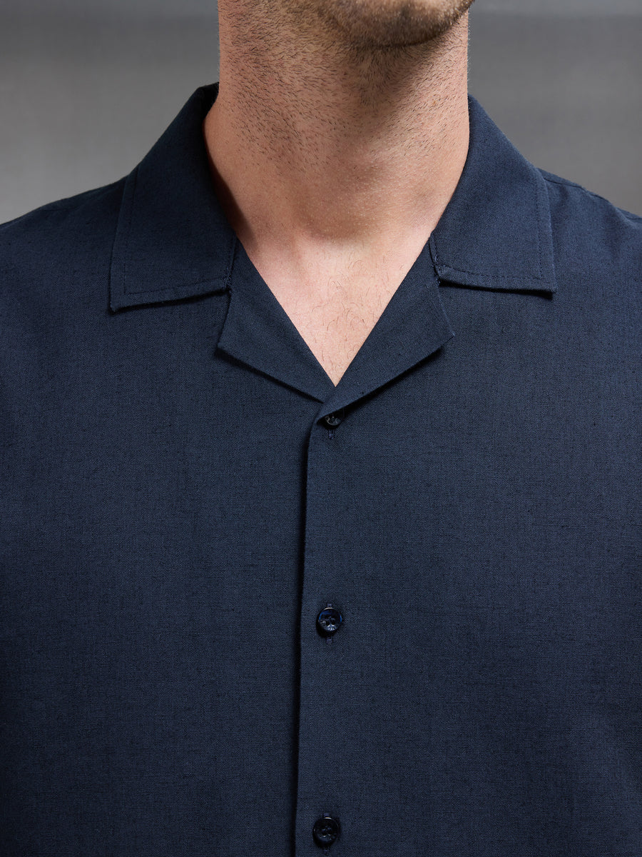Cotton Linen Revere Collar Long Sleeve Shirt in Navy