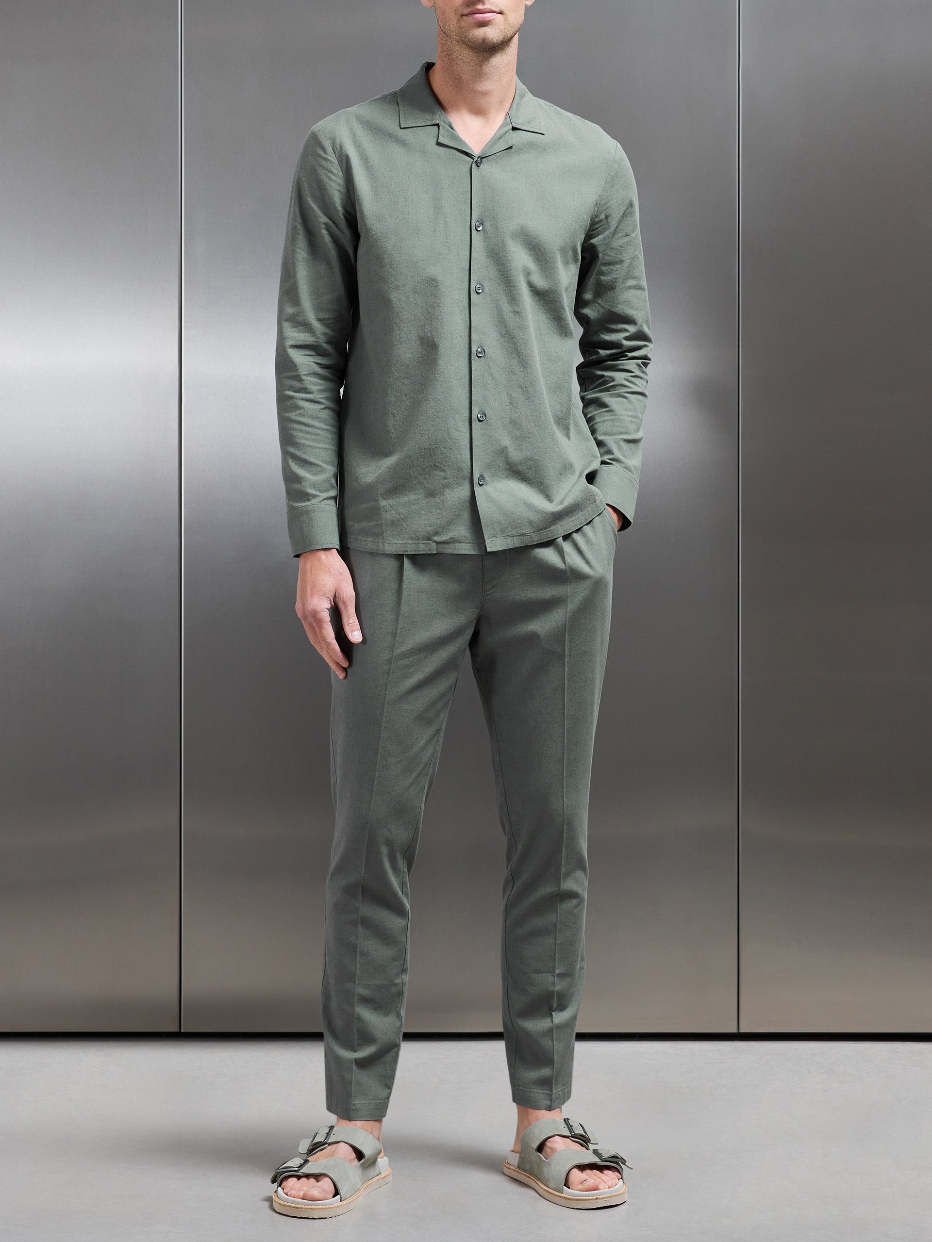 Cotton Linen Revere Collar Long Sleeve Shirt in Sage