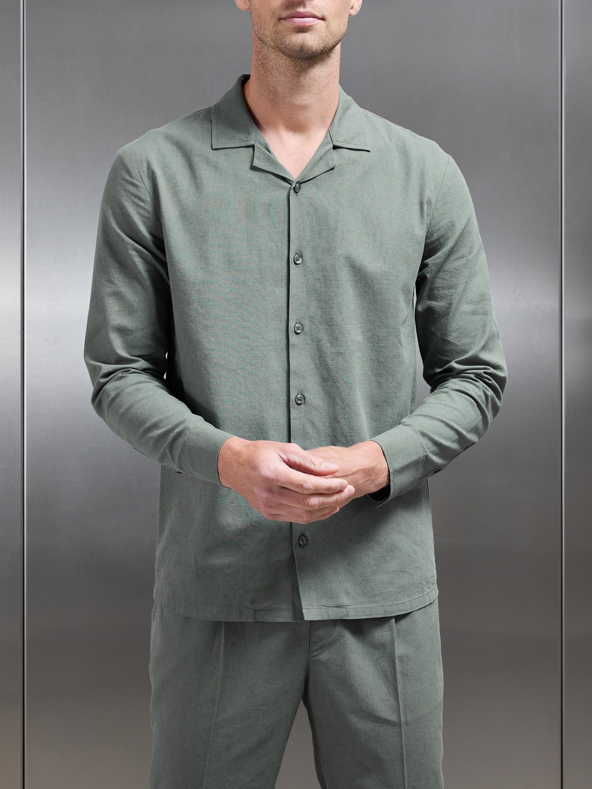 Cotton Linen Revere Collar Long Sleeve Shirt in Sage