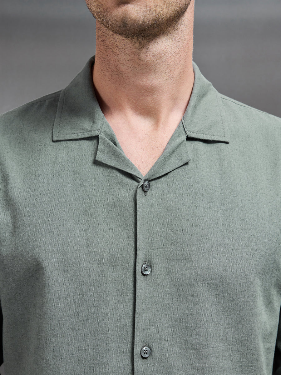 Cotton Linen Revere Collar Long Sleeve Shirt in Sage