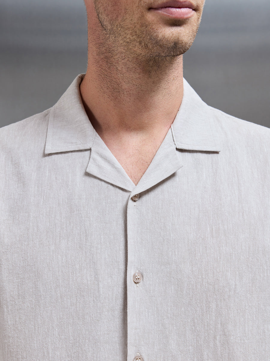 Cotton Linen Revere Collar Long Sleeve Shirt in Stone