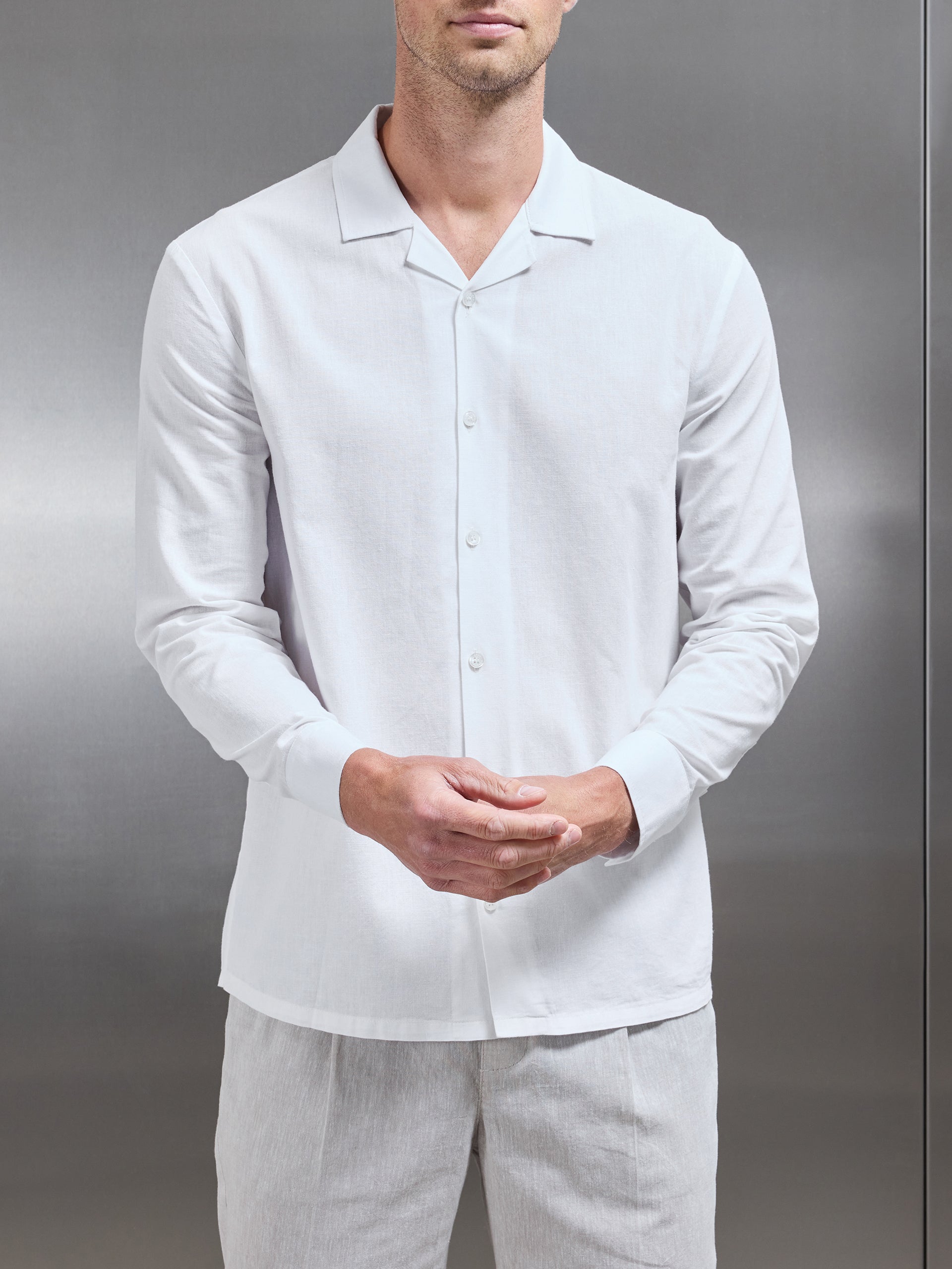 Cotton Linen Revere Collar Long Sleeve Shirt in White