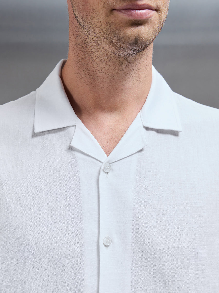 Cotton Linen Revere Collar Long Sleeve Shirt in White