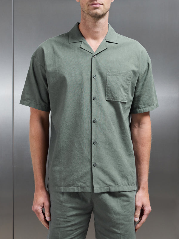 Relaxed Cotton Linen Revere Collar Shirt in Sage