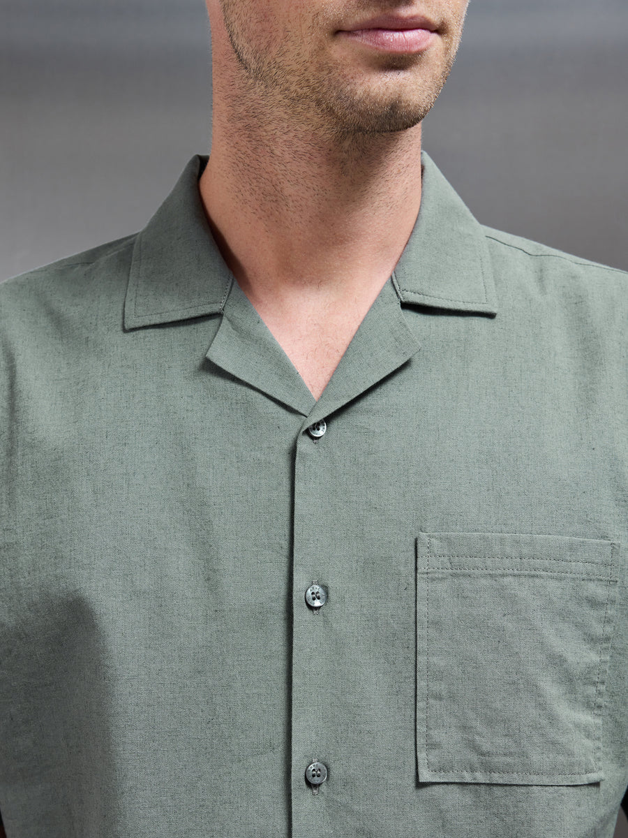 Relaxed Cotton Linen Revere Collar Shirt in Sage