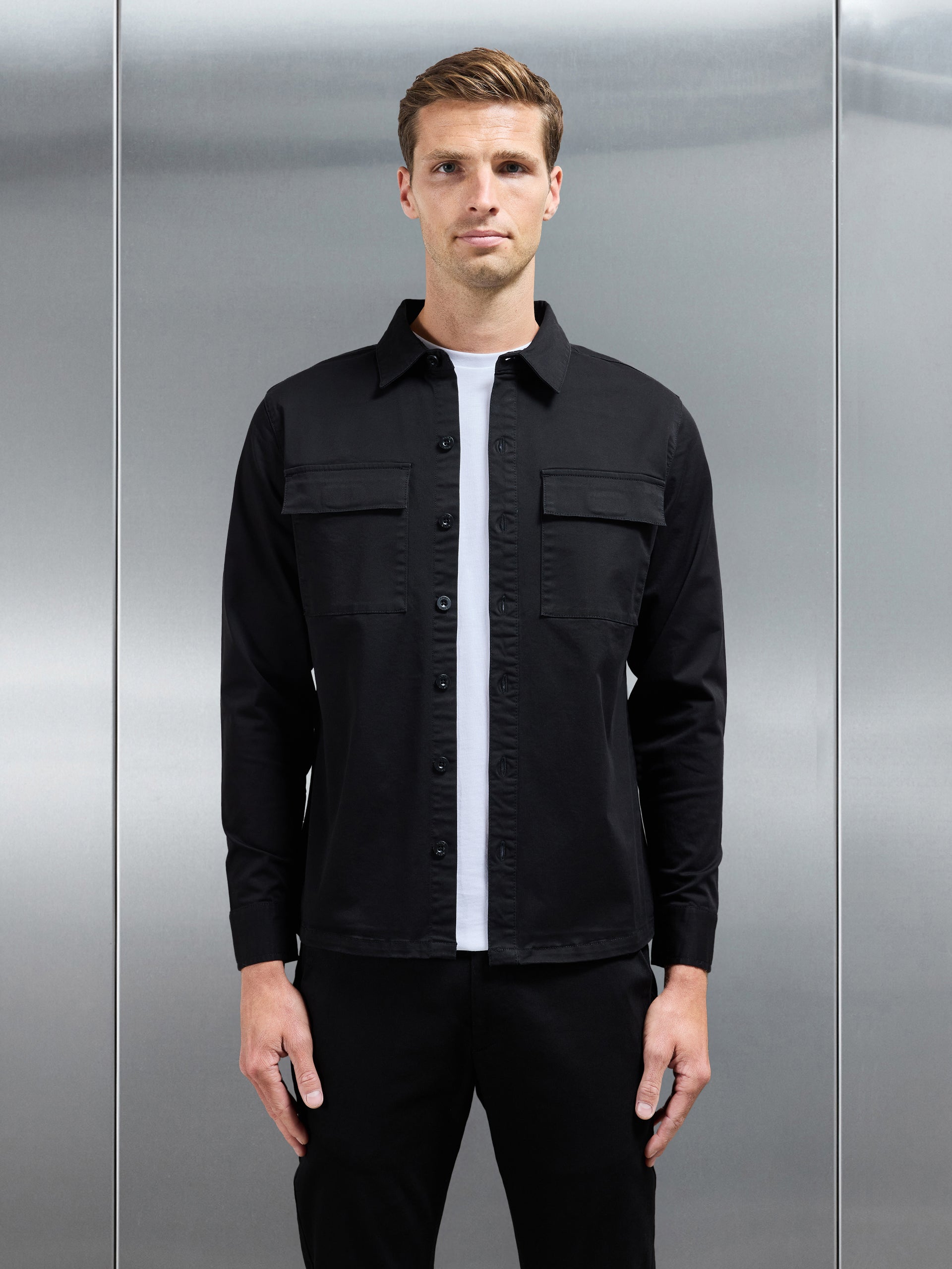 Cotton Pocket Overshirt in Black
