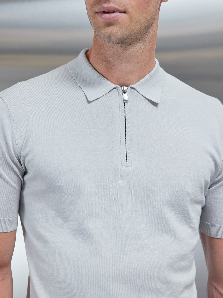 Cotton And Silk Zip Polo Shirt in Glacier Grey ARNE