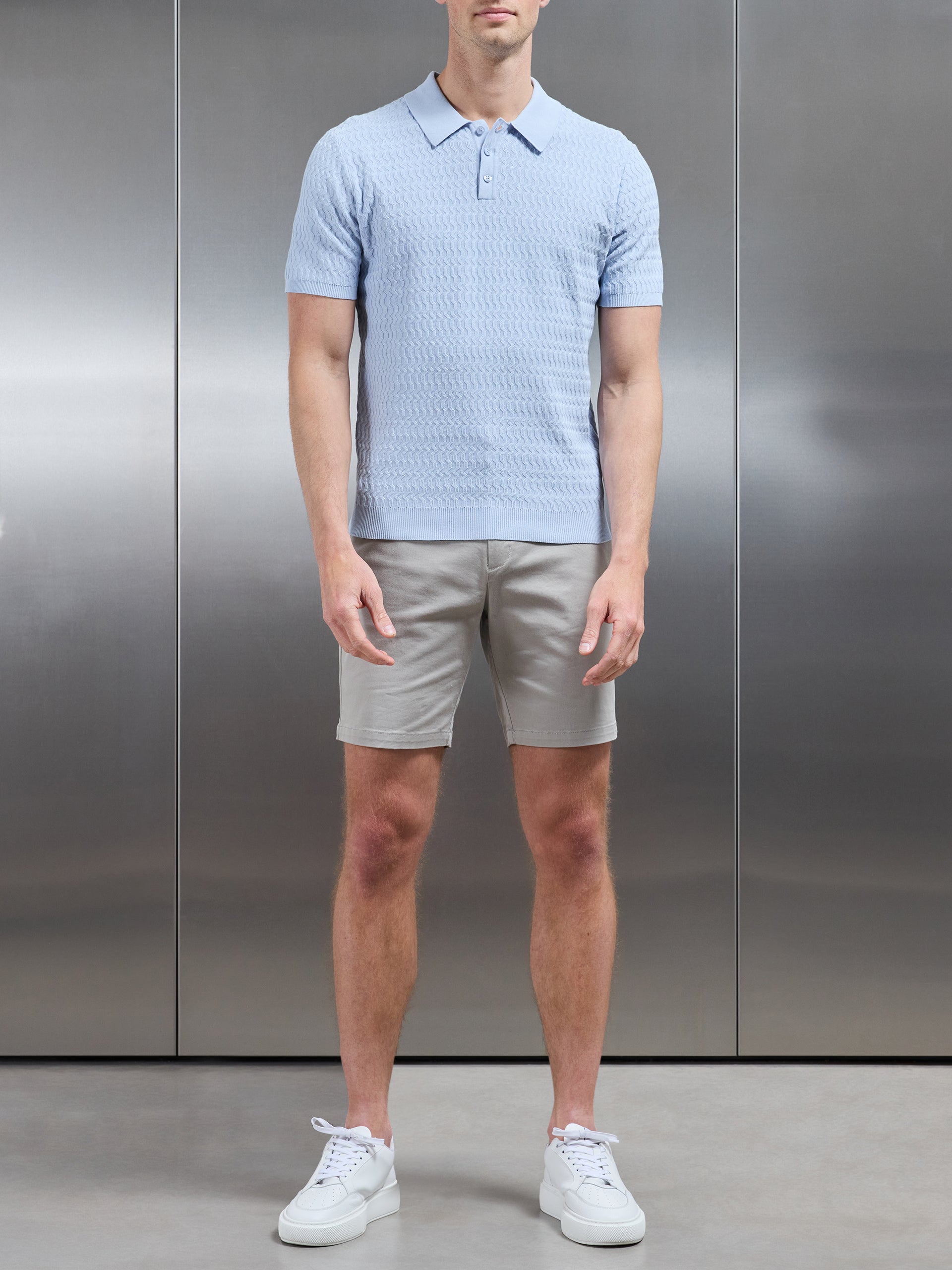 Cotton Knitted Textured Button Polo Shirt in Soft Blue