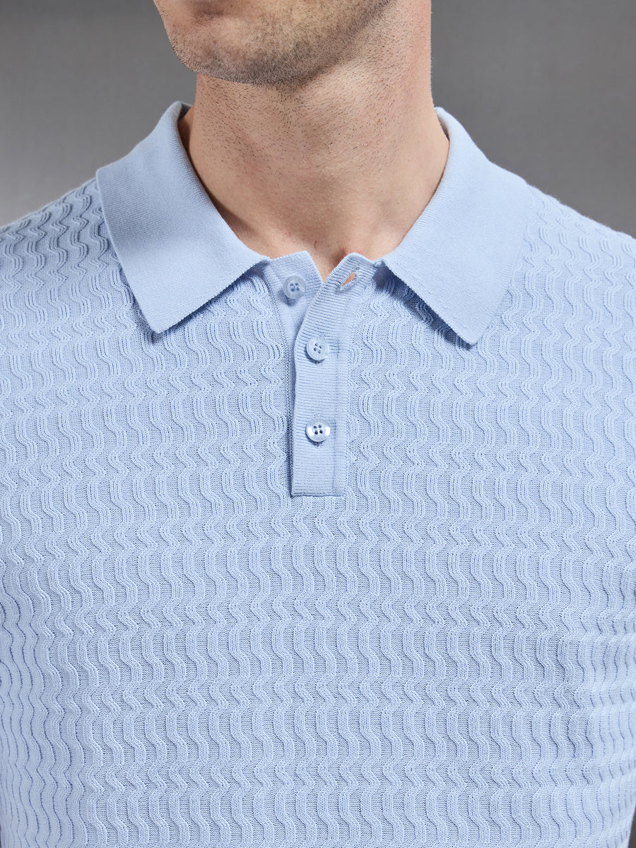 Cotton Knitted Textured Button Polo Shirt in Soft Blue