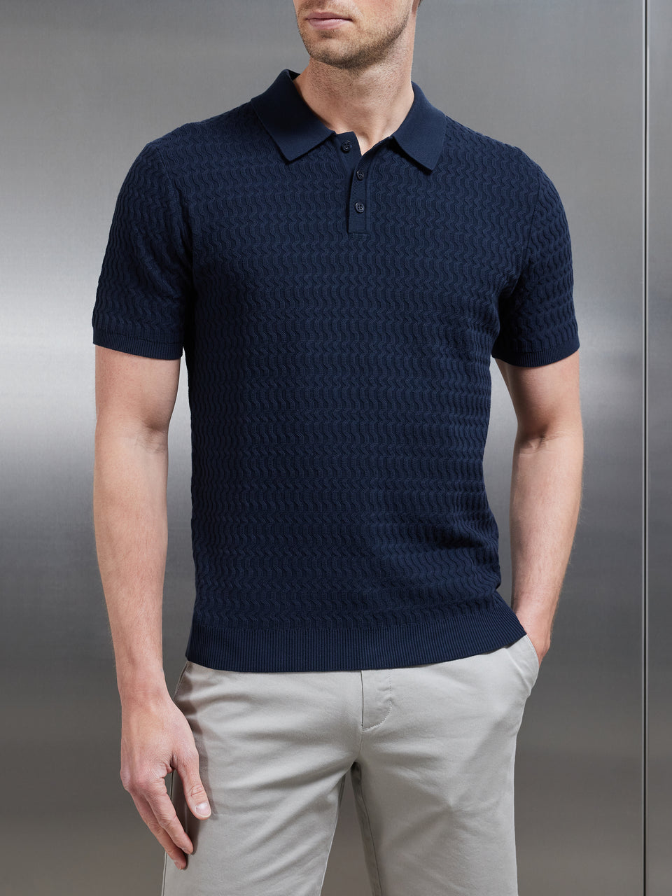 Cotton Knitted Textured Button Polo Shirt in Navy