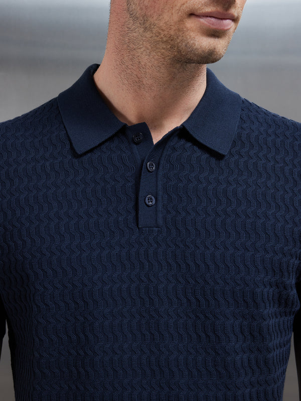 Cotton Knitted Textured Button Polo Shirt in Navy