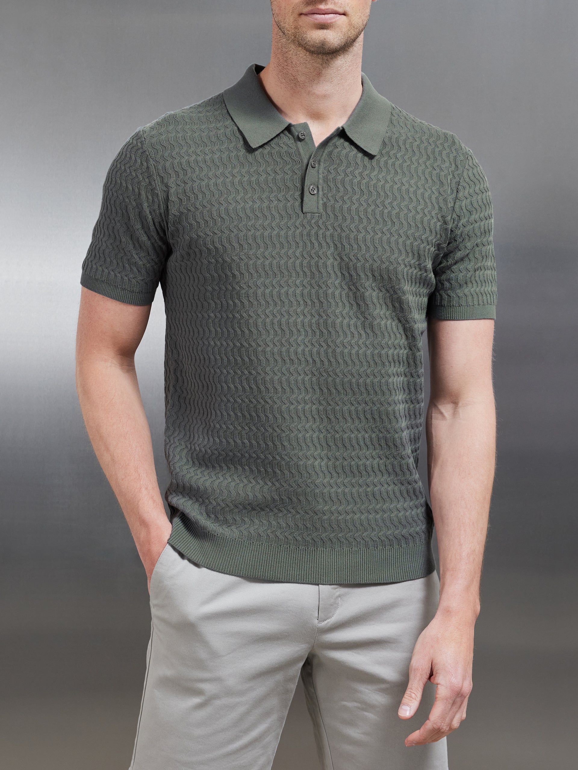 Cotton Knitted Textured Button Polo Shirt in Sage