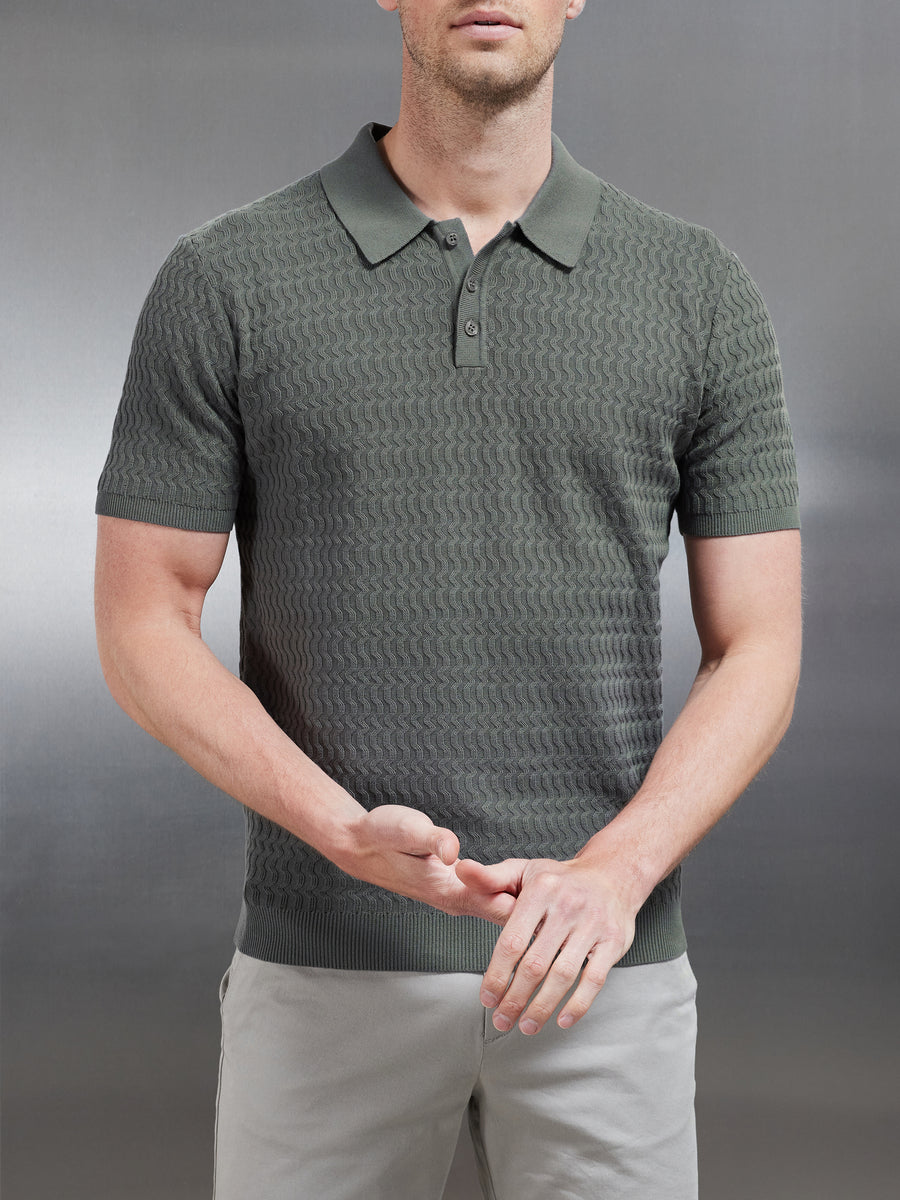 Cotton Knitted Textured Button Polo Shirt in Sage