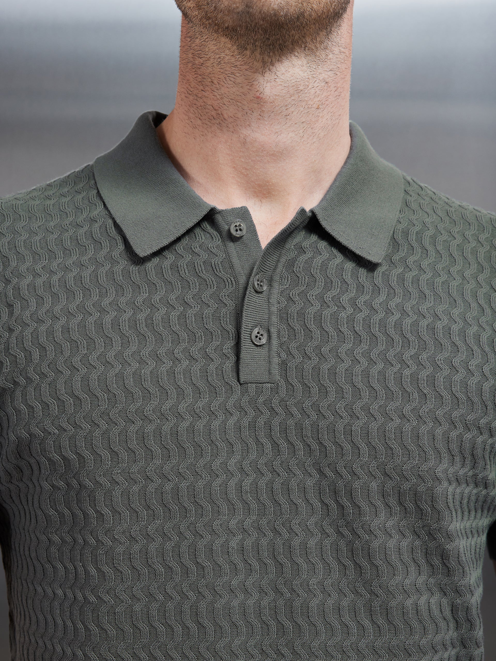 Cotton Knitted Textured Button Polo Shirt in Sage