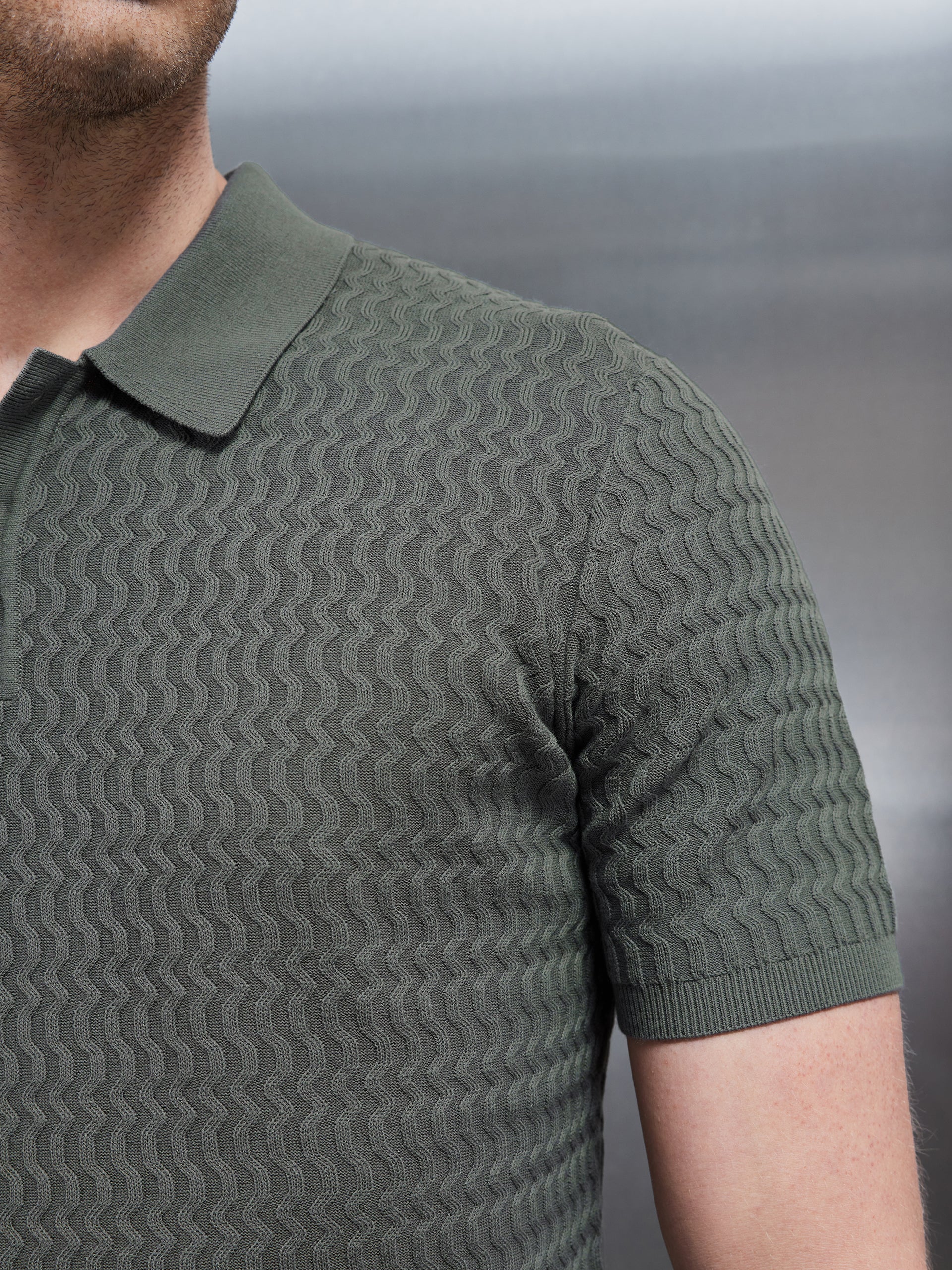 Cotton Knitted Textured Button Polo Shirt in Sage ARNE