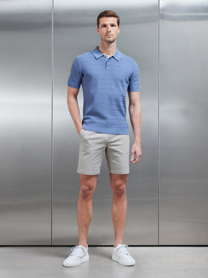 Cotton Knitted Textured Button Polo Shirt in Silk Blue