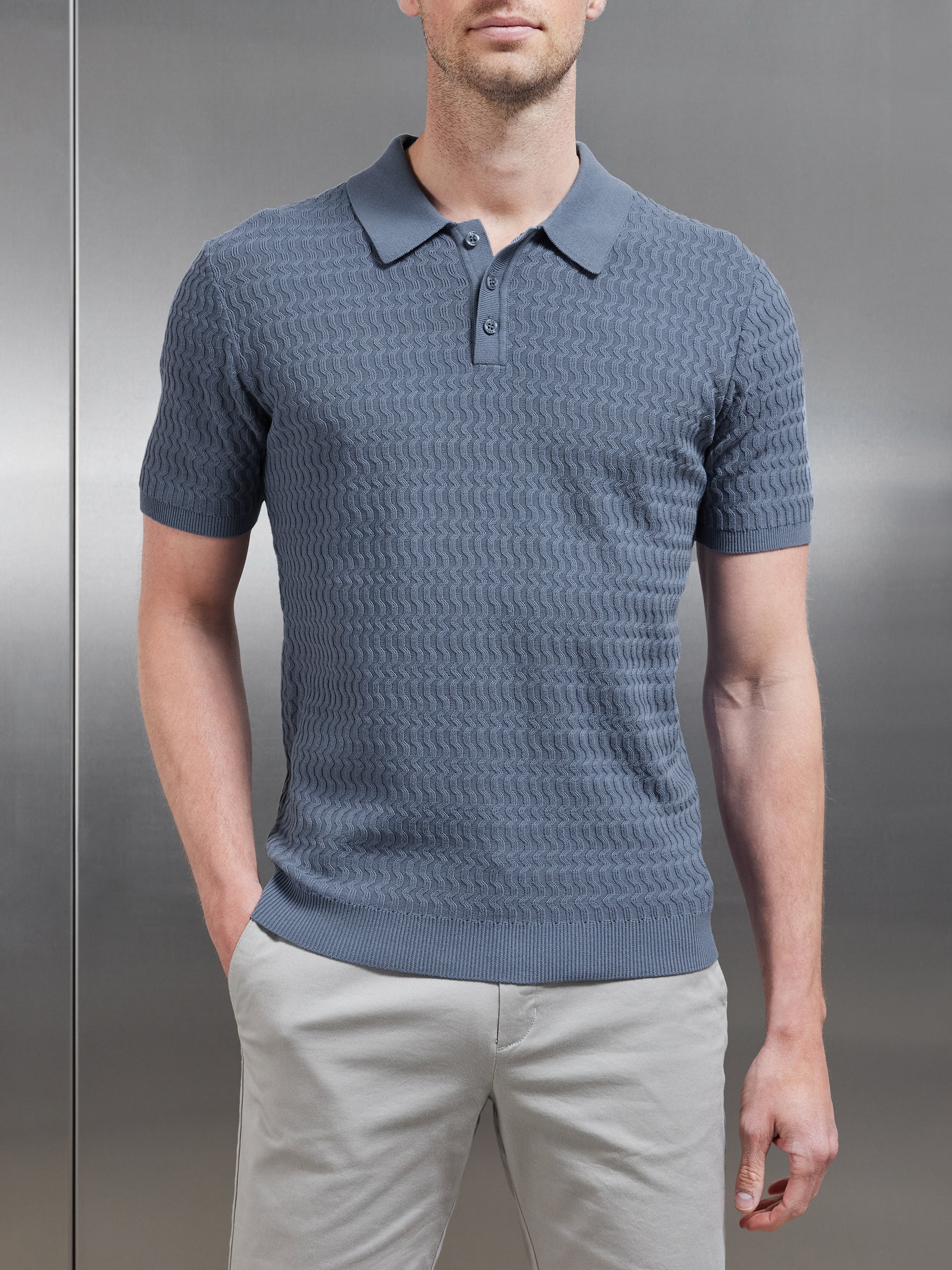 Cotton Knitted Textured Button Polo Shirt in Silk Blue