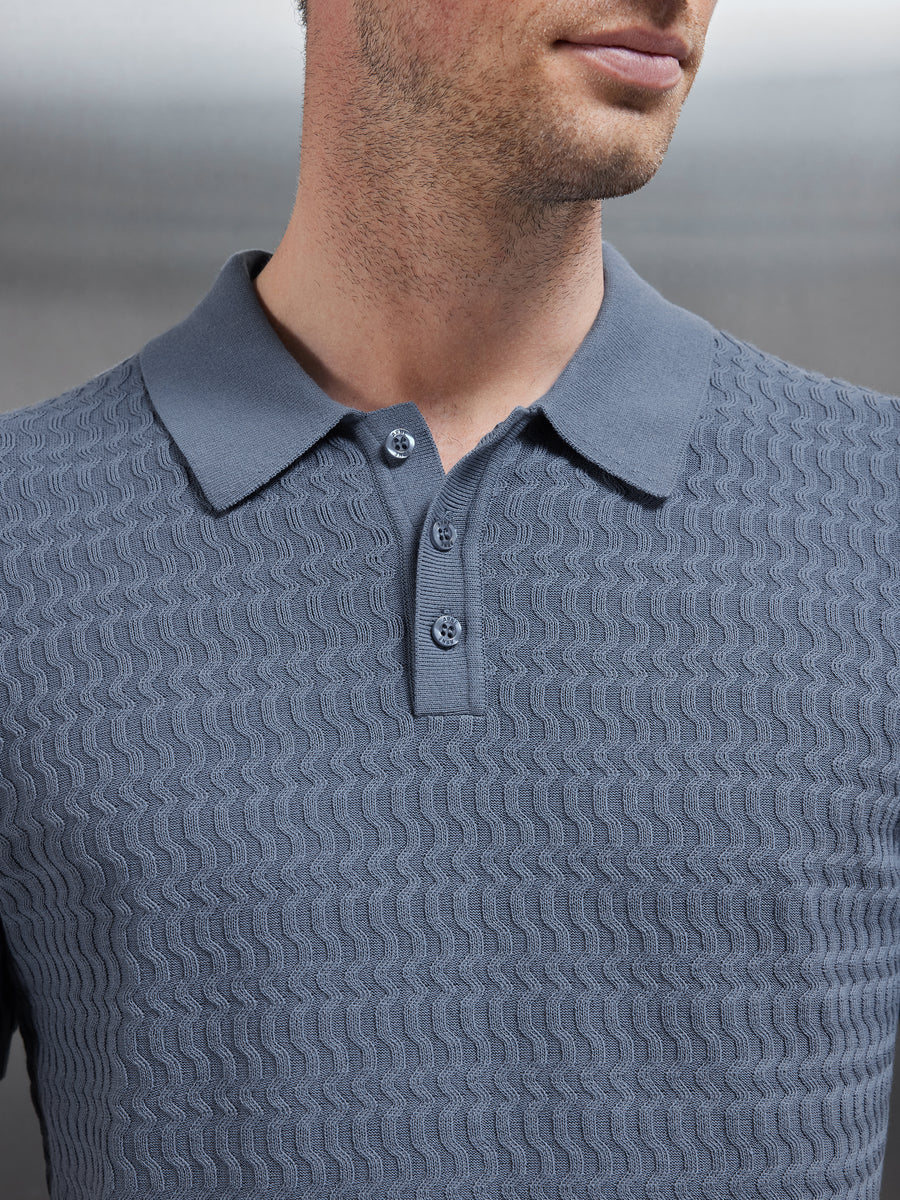 Cotton Knitted Textured Button Polo Shirt in Silk Blue