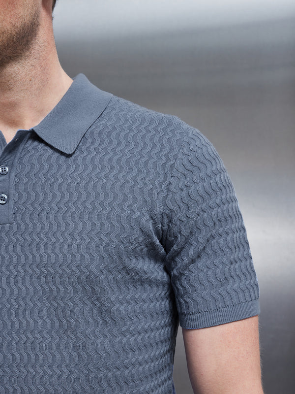 Cotton Knitted Textured Button Polo Shirt in Silk Blue