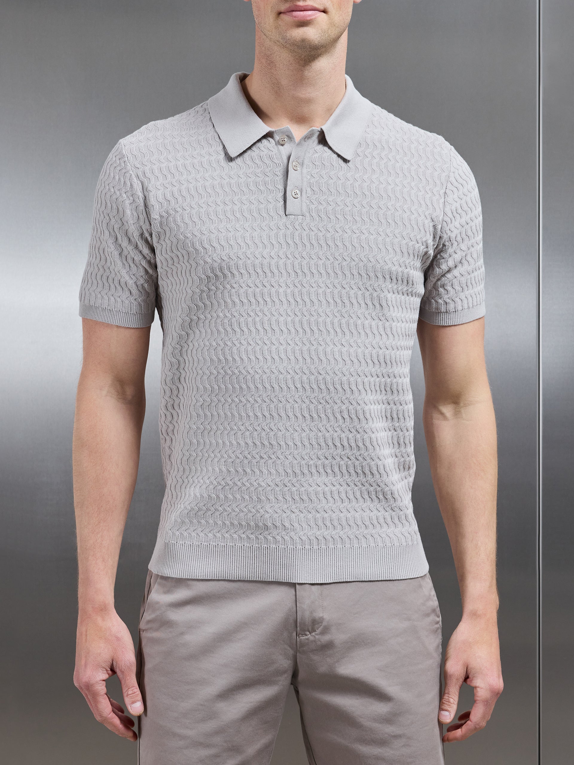 Cotton Knitted Textured Button Polo Shirt in Stone